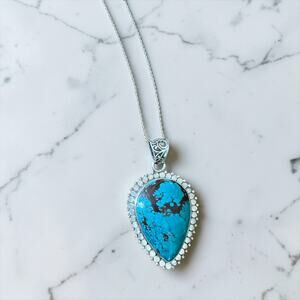 925 Sterling Silver Turquoise Teardrop Pendant Necklace Southwestern 18” chain